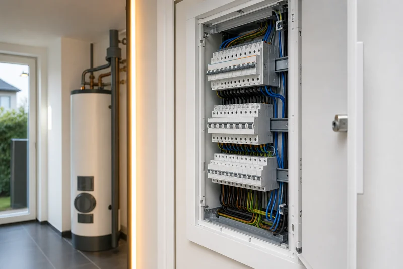 Sauber verdrahteter moderner Sicherungskasten in einem Wohnhaus