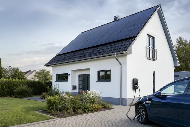 Modernes Wohnhaus mit Photovoltaikanlage und Wallbox in der Einfahrt