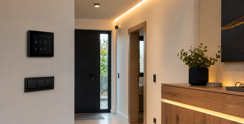 Moderner Eingangsbereich mit Smart-Home-Steuerung, LED-Licht und Sicherheitstechnik